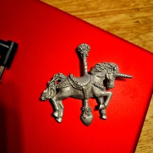 Vintage Spoontiques Signed Pewter Unicorn Carousel Pin Brooch